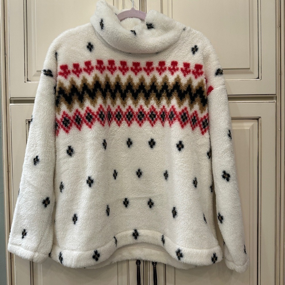 LOFT Lou & Grey Sherpa Fleece Cowl Neck Pullover Fair Isle Cream Red Large